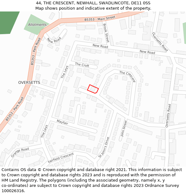 44, THE CRESCENT, NEWHALL, SWADLINCOTE, DE11 0SS: Location map and indicative extent of plot