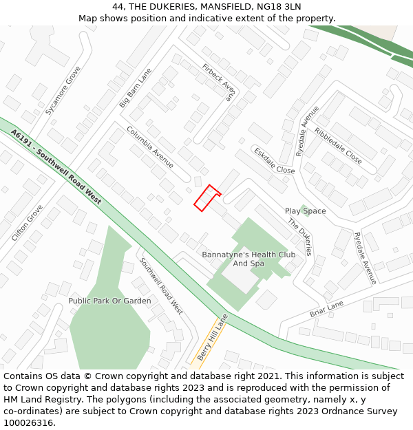 44, THE DUKERIES, MANSFIELD, NG18 3LN: Location map and indicative extent of plot