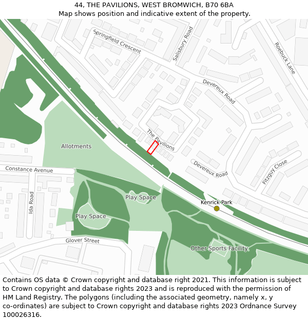 44, THE PAVILIONS, WEST BROMWICH, B70 6BA: Location map and indicative extent of plot