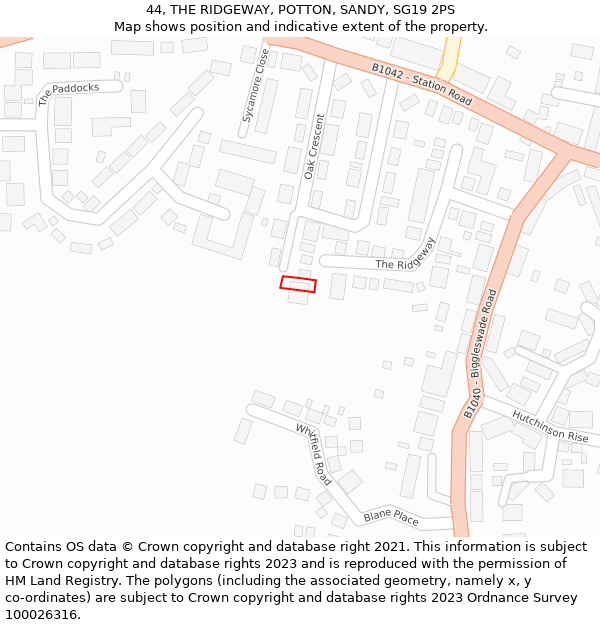 44, THE RIDGEWAY, POTTON, SANDY, SG19 2PS: Location map and indicative extent of plot