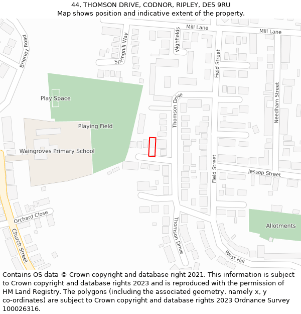 44, THOMSON DRIVE, CODNOR, RIPLEY, DE5 9RU: Location map and indicative extent of plot