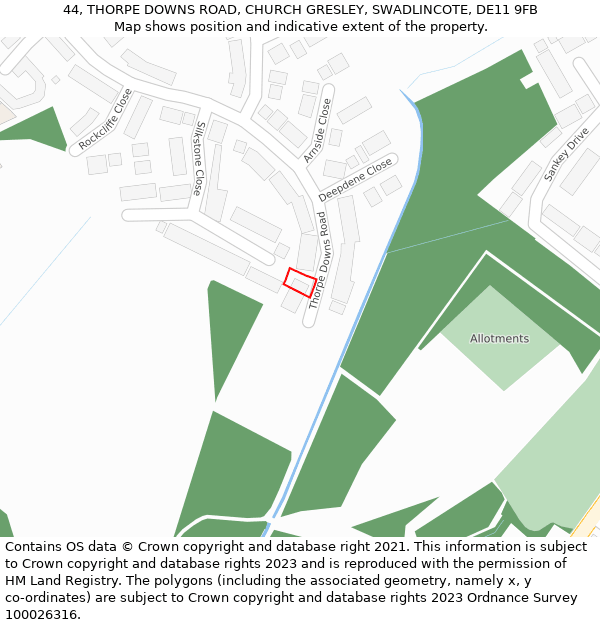 44, THORPE DOWNS ROAD, CHURCH GRESLEY, SWADLINCOTE, DE11 9FB: Location map and indicative extent of plot