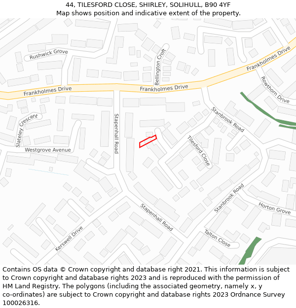 44, TILESFORD CLOSE, SHIRLEY, SOLIHULL, B90 4YF: Location map and indicative extent of plot