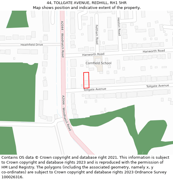 44, TOLLGATE AVENUE, REDHILL, RH1 5HR: Location map and indicative extent of plot