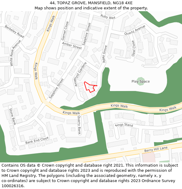 44, TOPAZ GROVE, MANSFIELD, NG18 4XE: Location map and indicative extent of plot