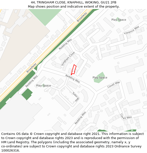 44, TRINGHAM CLOSE, KNAPHILL, WOKING, GU21 2FB: Location map and indicative extent of plot