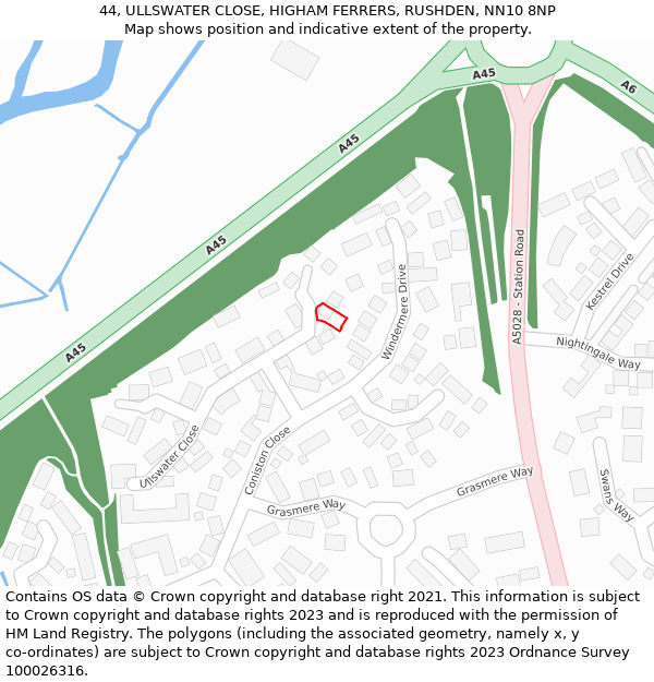 44, ULLSWATER CLOSE, HIGHAM FERRERS, RUSHDEN, NN10 8NP: Location map and indicative extent of plot