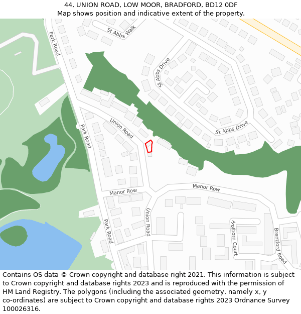 44, UNION ROAD, LOW MOOR, BRADFORD, BD12 0DF: Location map and indicative extent of plot