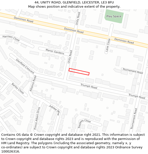 44, UNITY ROAD, GLENFIELD, LEICESTER, LE3 8FU: Location map and indicative extent of plot