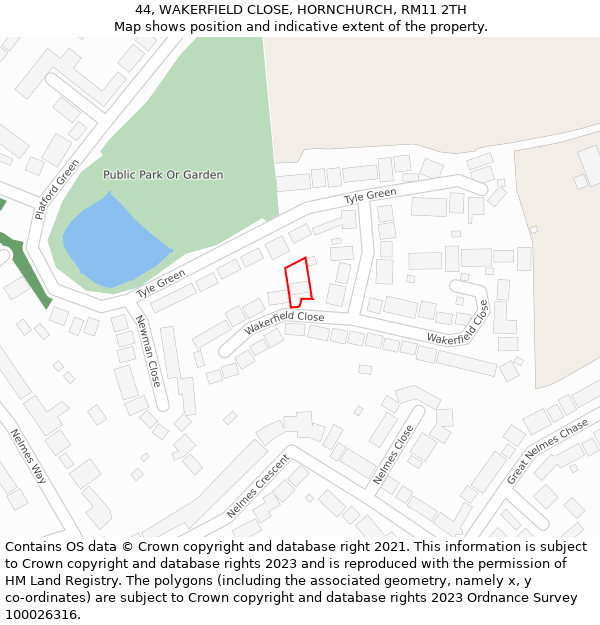 44, WAKERFIELD CLOSE, HORNCHURCH, RM11 2TH: Location map and indicative extent of plot