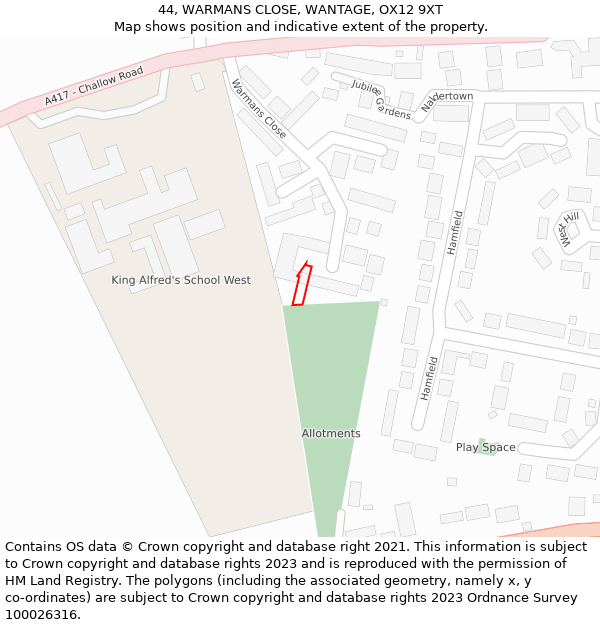 44, WARMANS CLOSE, WANTAGE, OX12 9XT: Location map and indicative extent of plot