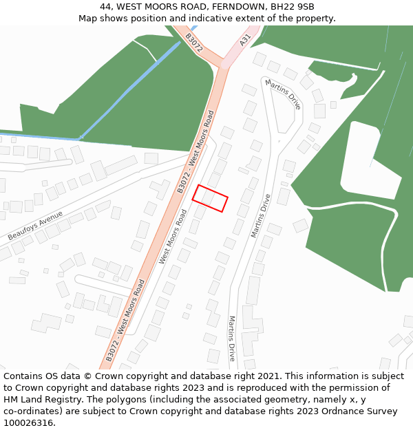 44, WEST MOORS ROAD, FERNDOWN, BH22 9SB: Location map and indicative extent of plot