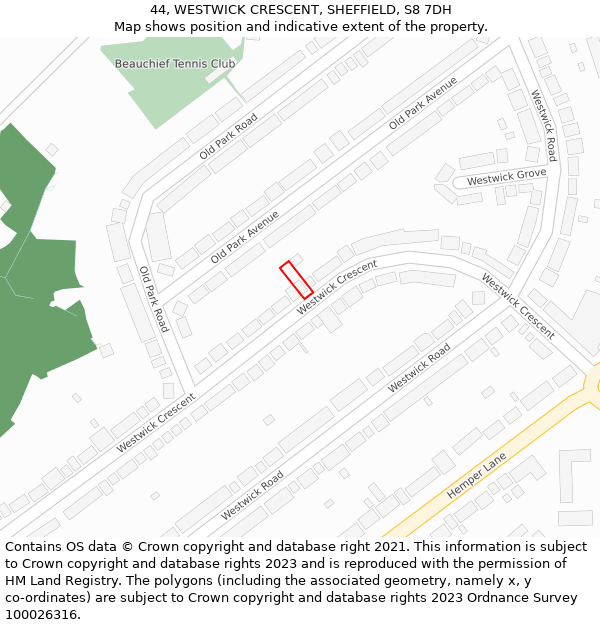 44, WESTWICK CRESCENT, SHEFFIELD, S8 7DH: Location map and indicative extent of plot