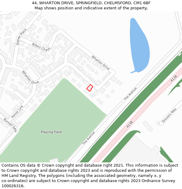 44, WHARTON DRIVE, SPRINGFIELD, CHELMSFORD, CM1 6BF: Location map and indicative extent of plot