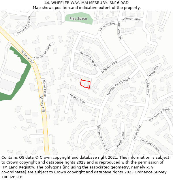 44, WHEELER WAY, MALMESBURY, SN16 9GD: Location map and indicative extent of plot