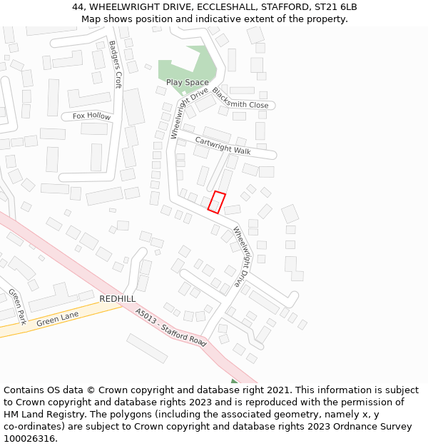 44, WHEELWRIGHT DRIVE, ECCLESHALL, STAFFORD, ST21 6LB: Location map and indicative extent of plot