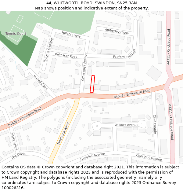 44, WHITWORTH ROAD, SWINDON, SN25 3AN: Location map and indicative extent of plot