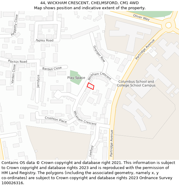 44, WICKHAM CRESCENT, CHELMSFORD, CM1 4WD: Location map and indicative extent of plot