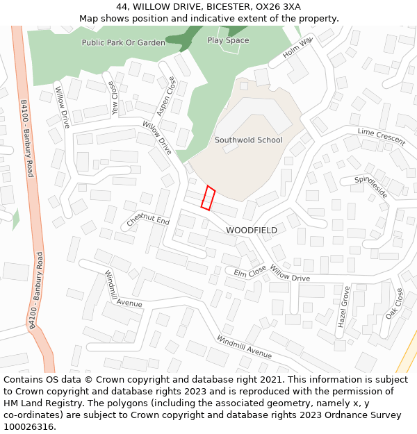 44, WILLOW DRIVE, BICESTER, OX26 3XA: Location map and indicative extent of plot