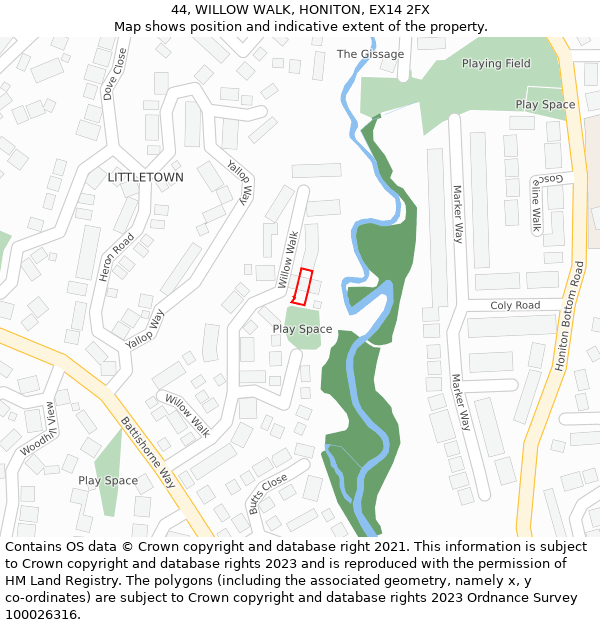 44, WILLOW WALK, HONITON, EX14 2FX: Location map and indicative extent of plot