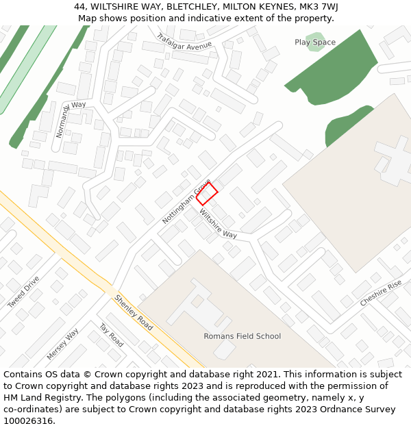 44, WILTSHIRE WAY, BLETCHLEY, MILTON KEYNES, MK3 7WJ: Location map and indicative extent of plot