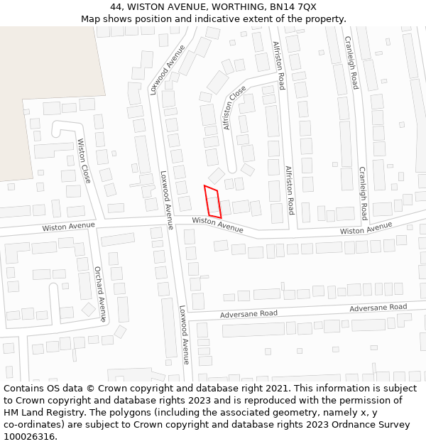 44, WISTON AVENUE, WORTHING, BN14 7QX: Location map and indicative extent of plot