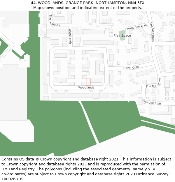 44, WOODLANDS, GRANGE PARK, NORTHAMPTON, NN4 5FX: Location map and indicative extent of plot