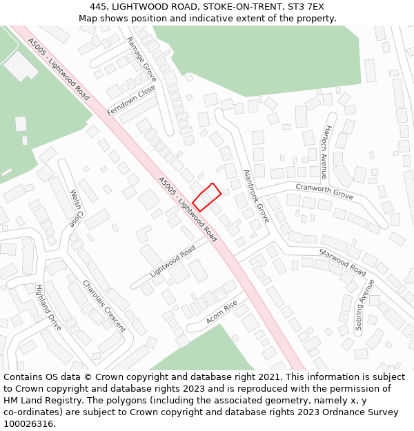 445, LIGHTWOOD ROAD, STOKE-ON-TRENT, ST3 7EX: Location map and indicative extent of plot