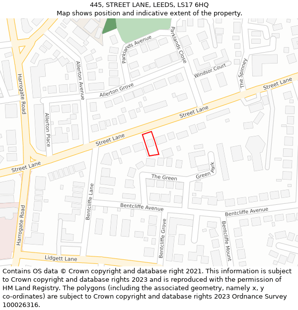 445, STREET LANE, LEEDS, LS17 6HQ: Location map and indicative extent of plot