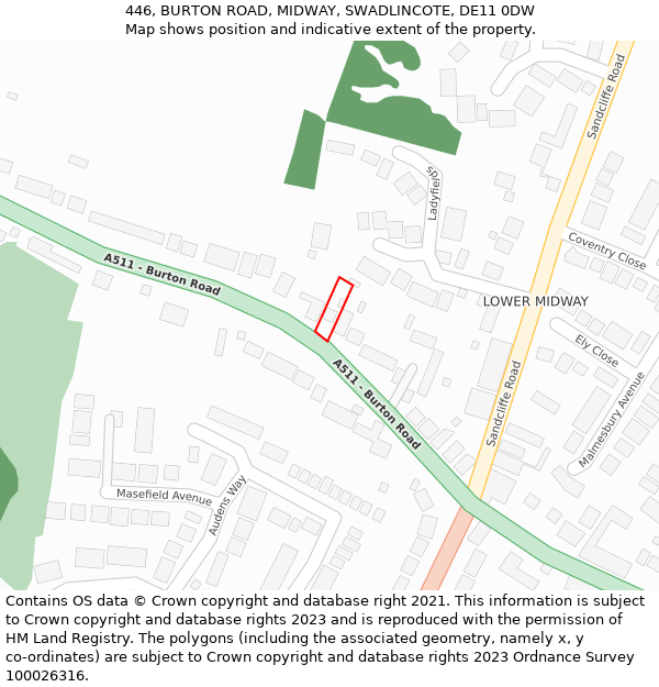 446, BURTON ROAD, MIDWAY, SWADLINCOTE, DE11 0DW: Location map and indicative extent of plot