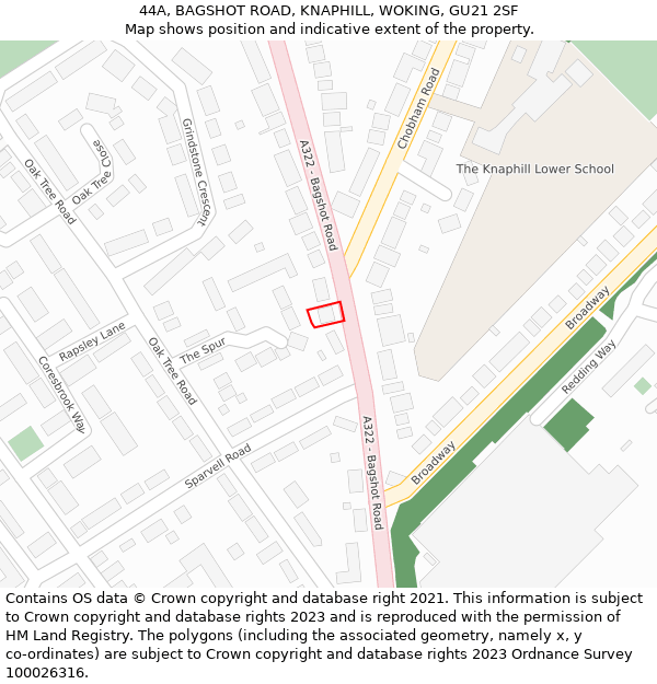 44A, BAGSHOT ROAD, KNAPHILL, WOKING, GU21 2SF: Location map and indicative extent of plot