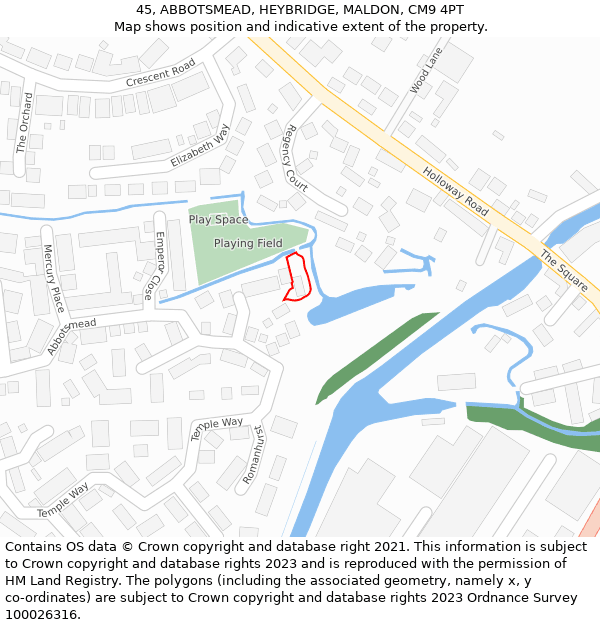 45, ABBOTSMEAD, HEYBRIDGE, MALDON, CM9 4PT: Location map and indicative extent of plot