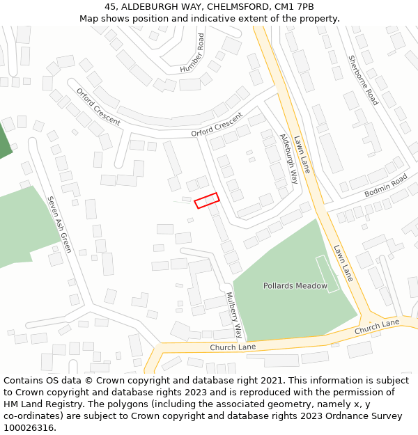 45, ALDEBURGH WAY, CHELMSFORD, CM1 7PB: Location map and indicative extent of plot