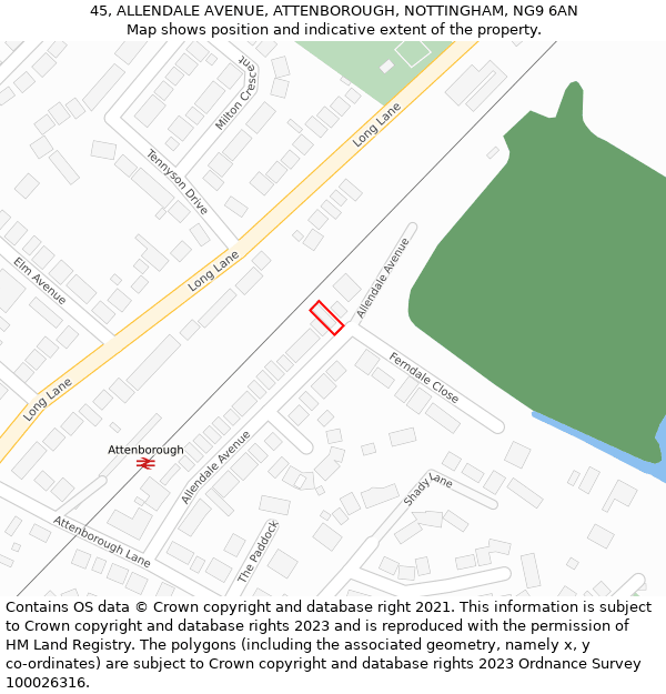 45, ALLENDALE AVENUE, ATTENBOROUGH, NOTTINGHAM, NG9 6AN: Location map and indicative extent of plot