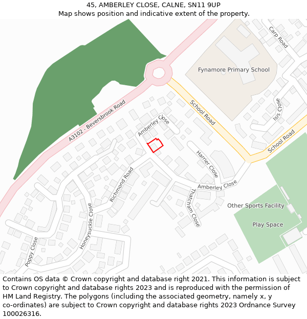 45, AMBERLEY CLOSE, CALNE, SN11 9UP: Location map and indicative extent of plot