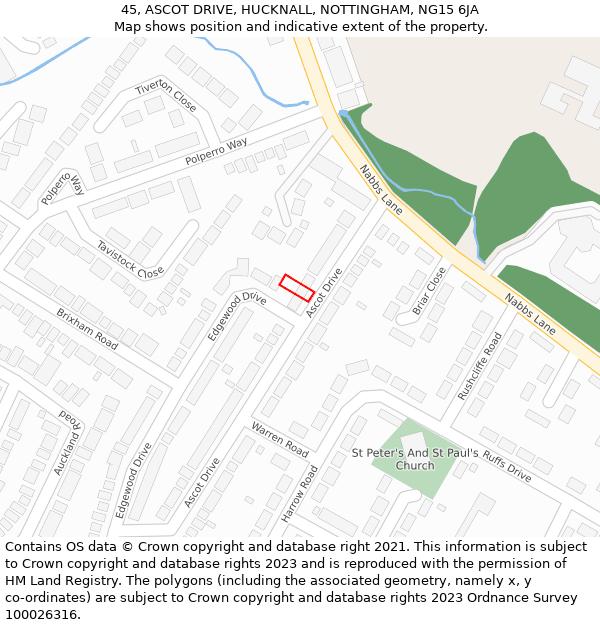 45, ASCOT DRIVE, HUCKNALL, NOTTINGHAM, NG15 6JA: Location map and indicative extent of plot