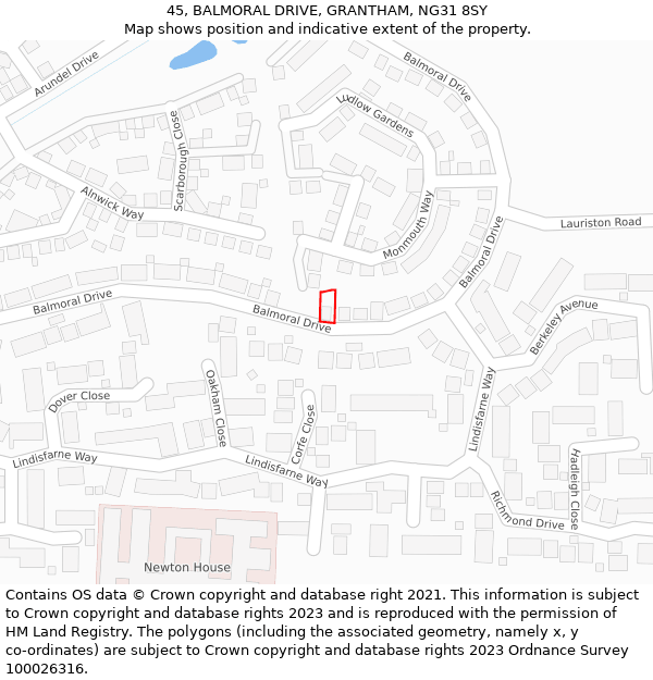 45, BALMORAL DRIVE, GRANTHAM, NG31 8SY: Location map and indicative extent of plot