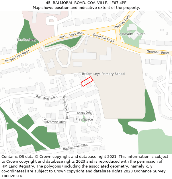 45, BALMORAL ROAD, COALVILLE, LE67 4PE: Location map and indicative extent of plot