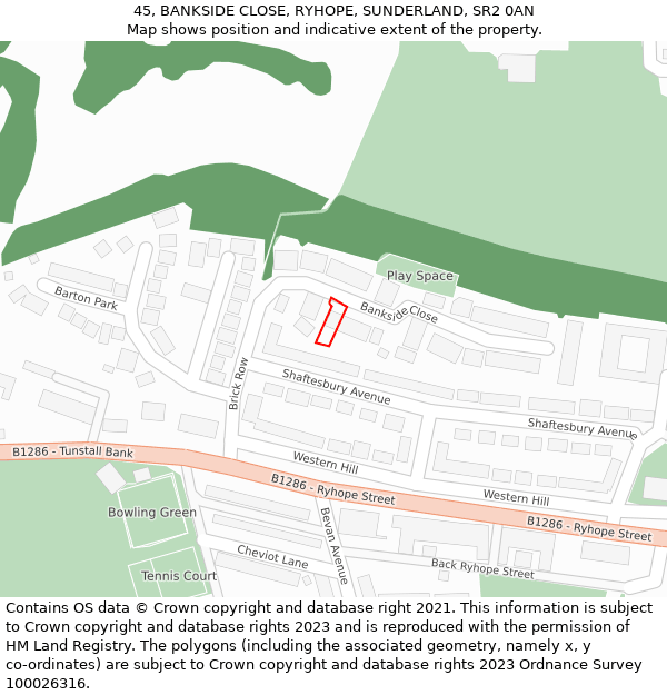 45, BANKSIDE CLOSE, RYHOPE, SUNDERLAND, SR2 0AN: Location map and indicative extent of plot