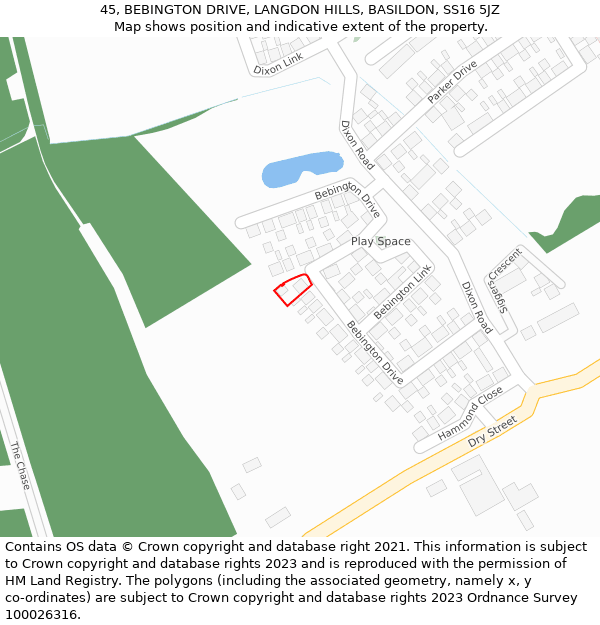 45, BEBINGTON DRIVE, LANGDON HILLS, BASILDON, SS16 5JZ: Location map and indicative extent of plot
