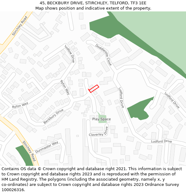 45, BECKBURY DRIVE, STIRCHLEY, TELFORD, TF3 1EE: Location map and indicative extent of plot