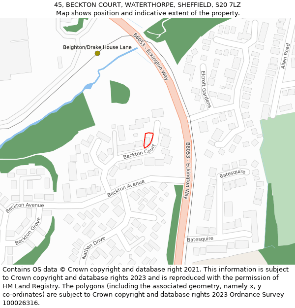 45, BECKTON COURT, WATERTHORPE, SHEFFIELD, S20 7LZ: Location map and indicative extent of plot