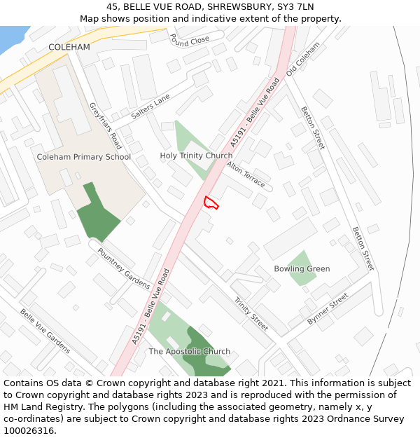 45, BELLE VUE ROAD, SHREWSBURY, SY3 7LN: Location map and indicative extent of plot