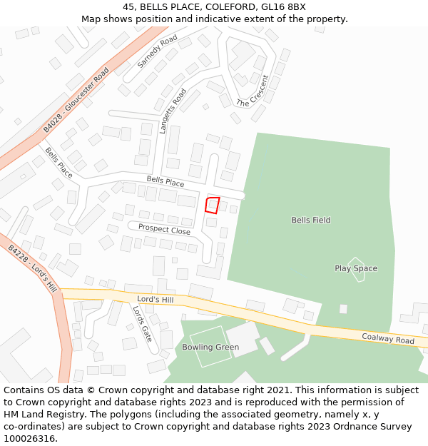 45, BELLS PLACE, COLEFORD, GL16 8BX: Location map and indicative extent of plot