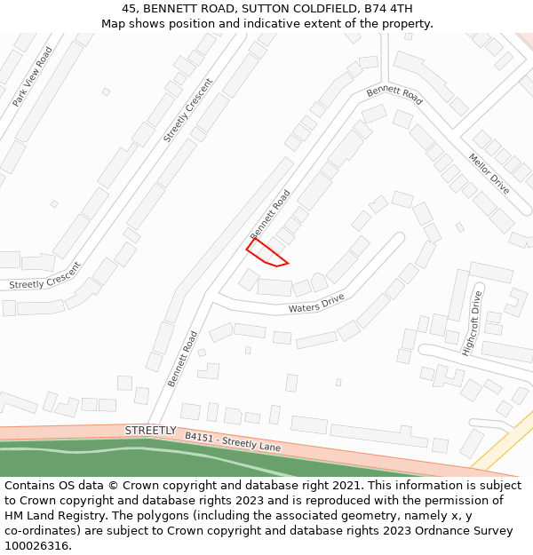 45, BENNETT ROAD, SUTTON COLDFIELD, B74 4TH: Location map and indicative extent of plot