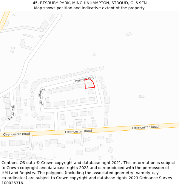 45, BESBURY PARK, MINCHINHAMPTON, STROUD, GL6 9EN: Location map and indicative extent of plot