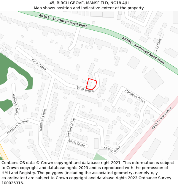 45, BIRCH GROVE, MANSFIELD, NG18 4JH: Location map and indicative extent of plot