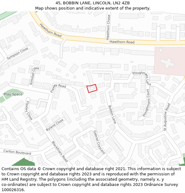 45, BOBBIN LANE, LINCOLN, LN2 4ZB: Location map and indicative extent of plot