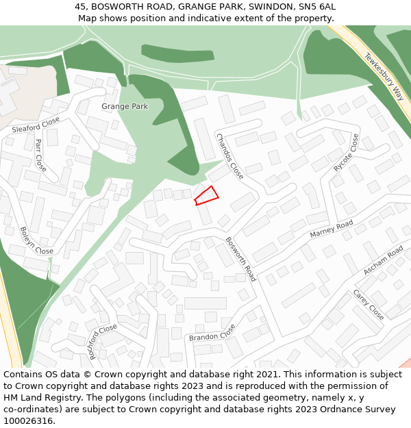 45, BOSWORTH ROAD, GRANGE PARK, SWINDON, SN5 6AL: Location map and indicative extent of plot