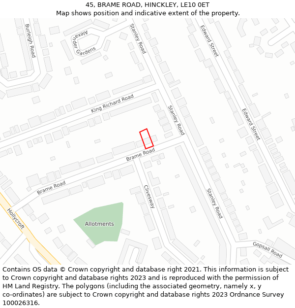 45, BRAME ROAD, HINCKLEY, LE10 0ET: Location map and indicative extent of plot